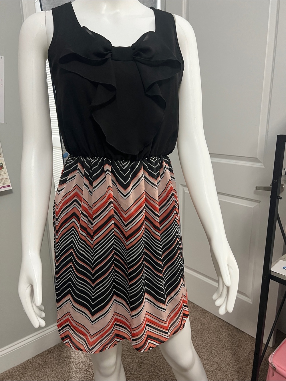 A. Byer Black Sleeveless Dress with Chevron Coral and Blush Skirt